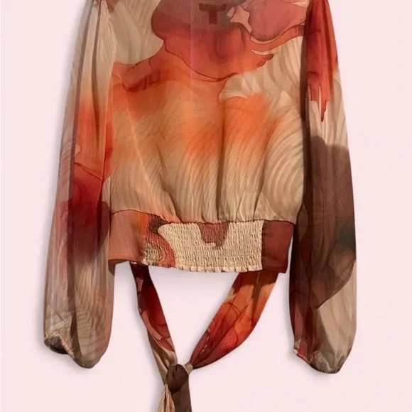 Express Women's Wrap Blouse - Red and Brown Floral - Picture 3 of 3